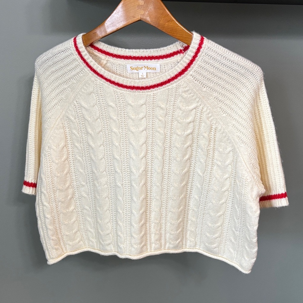 Cream Cable Knit Cropped Sweater with Red Trim